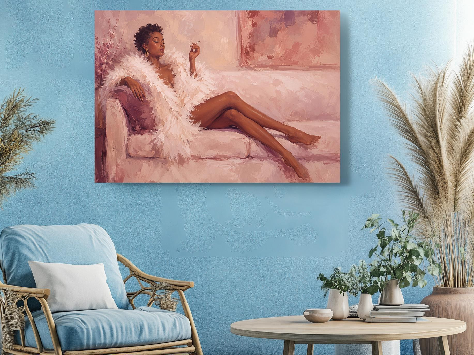 Woman in Feather Robe Pink Canvas Wall Art