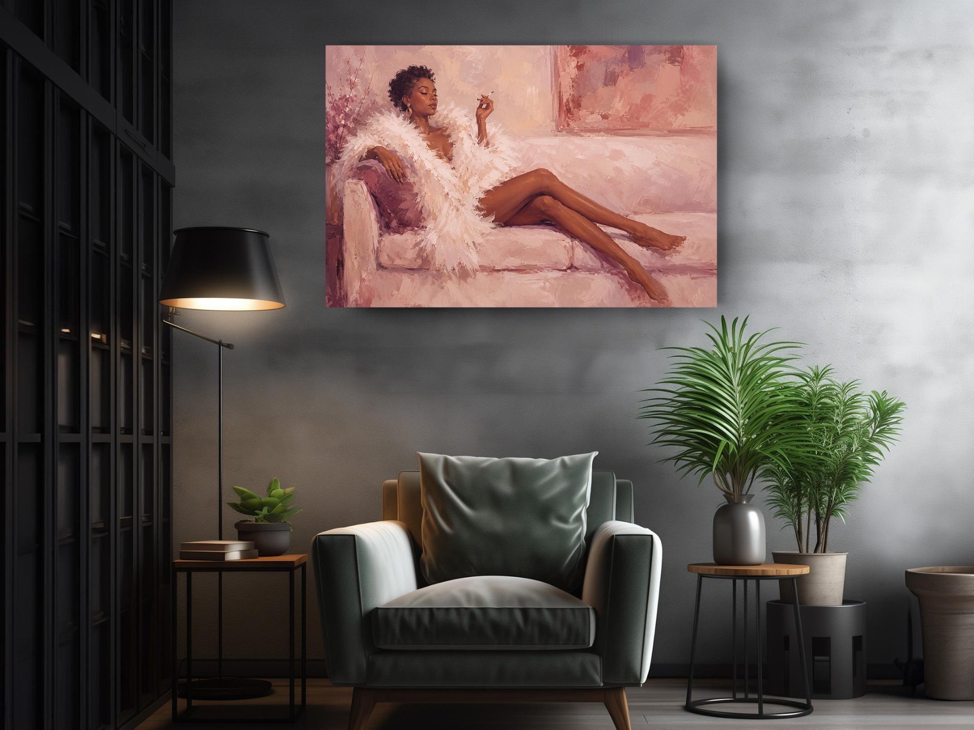 Woman in Feather Robe Pink Canvas Wall Art