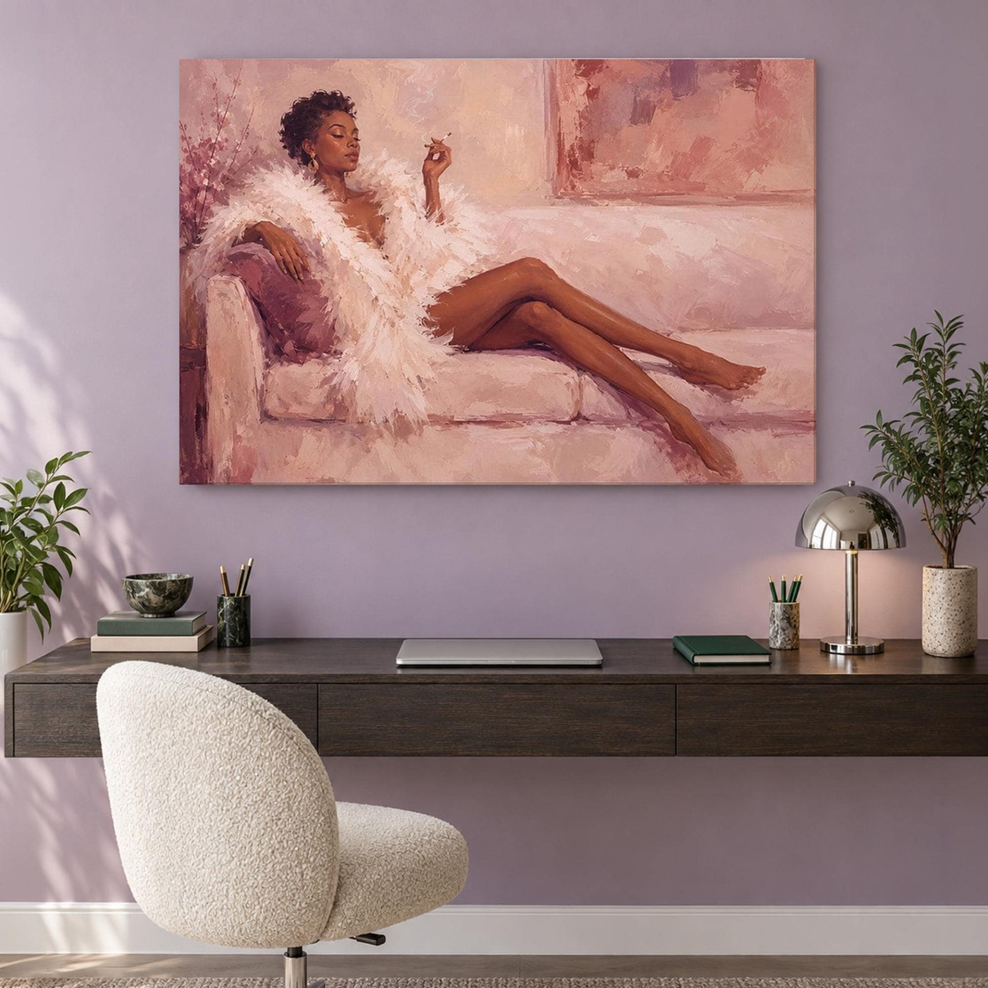 Woman in Feather Robe Pink Canvas Wall Art