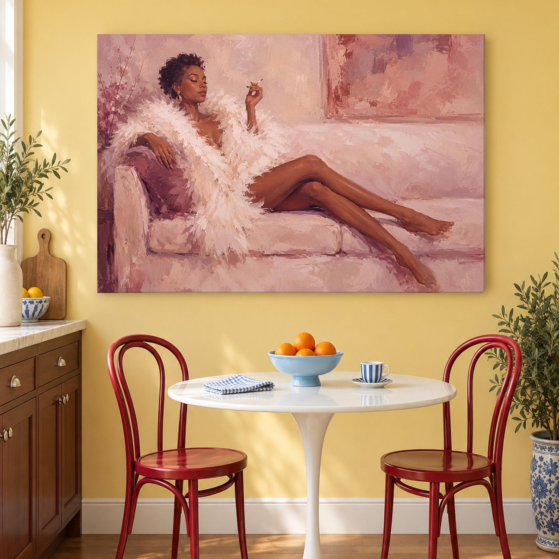 Woman in Feather Robe Pink Canvas Wall Art