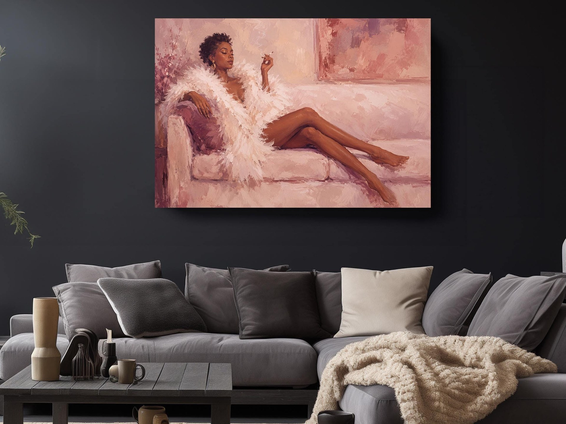 Woman in Feather Robe Pink Canvas Wall Art