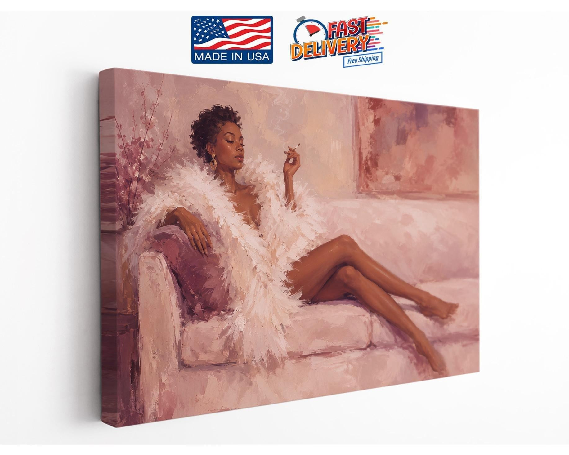 Woman in Feather Robe Pink Canvas Wall Art