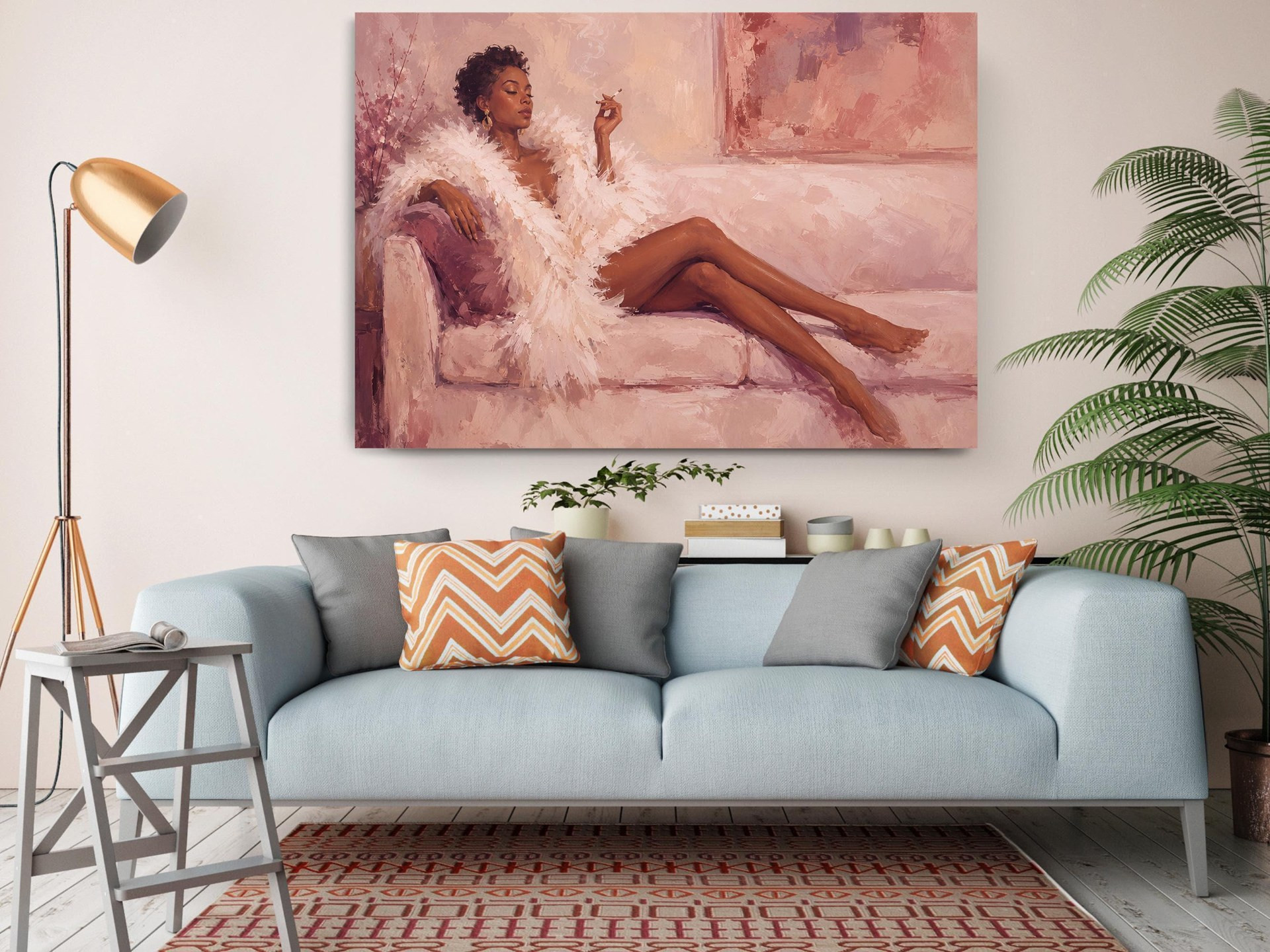 Woman in Feather Robe Pink Canvas Wall Art