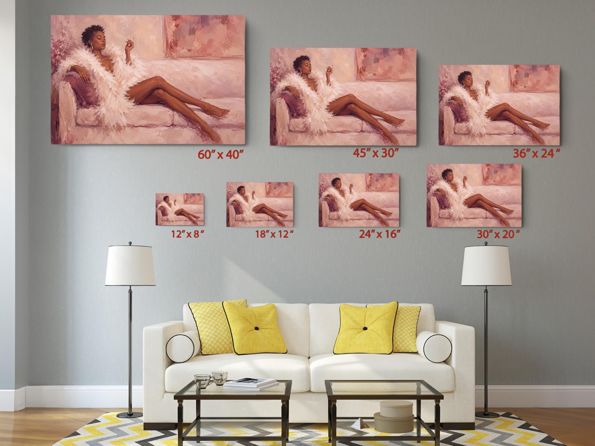 Woman in Feather Robe Pink Canvas Wall Art