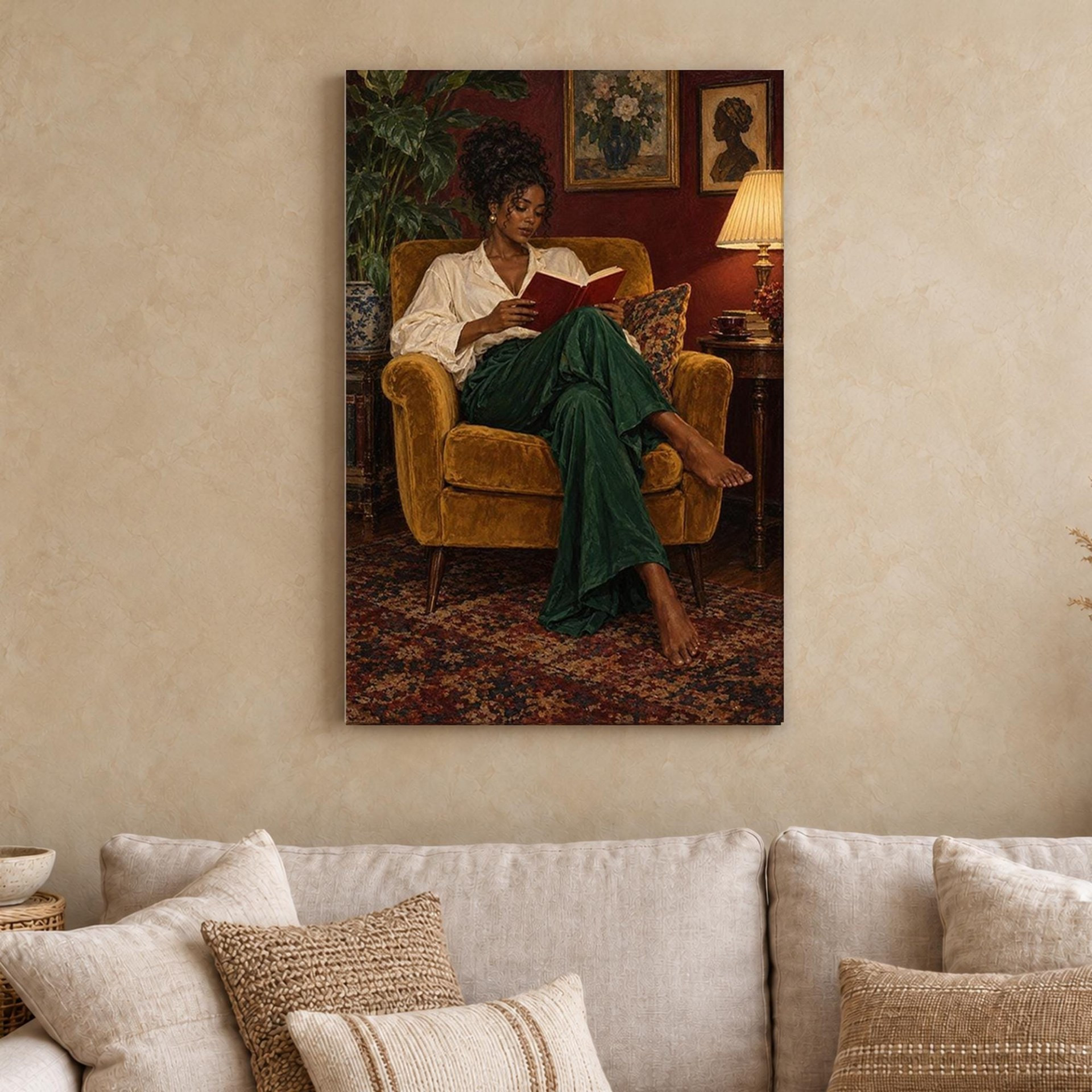 Woman Reading in Yellow Armchair Canvas Wall Art