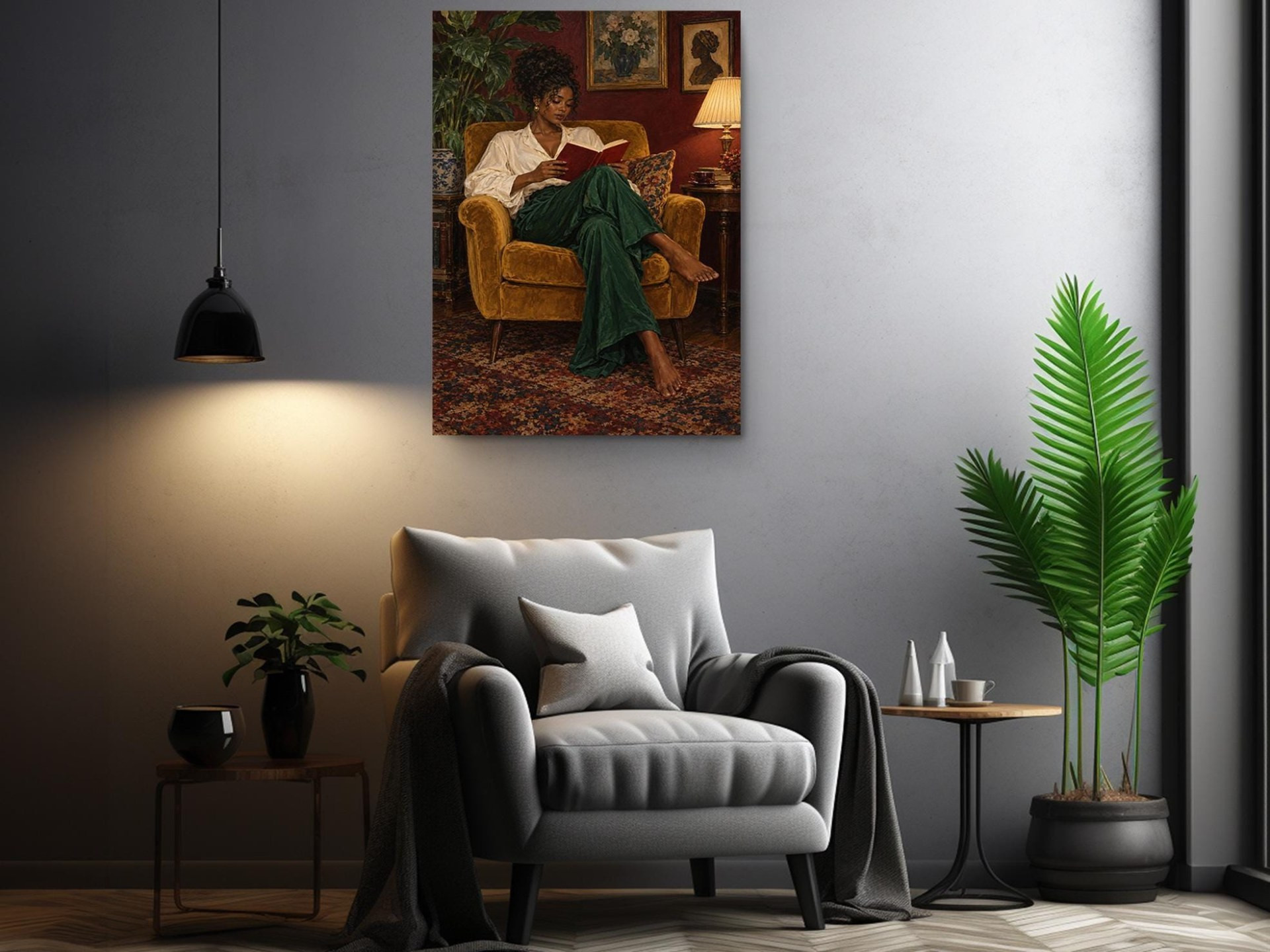 Woman Reading in Yellow Armchair Canvas Wall Art