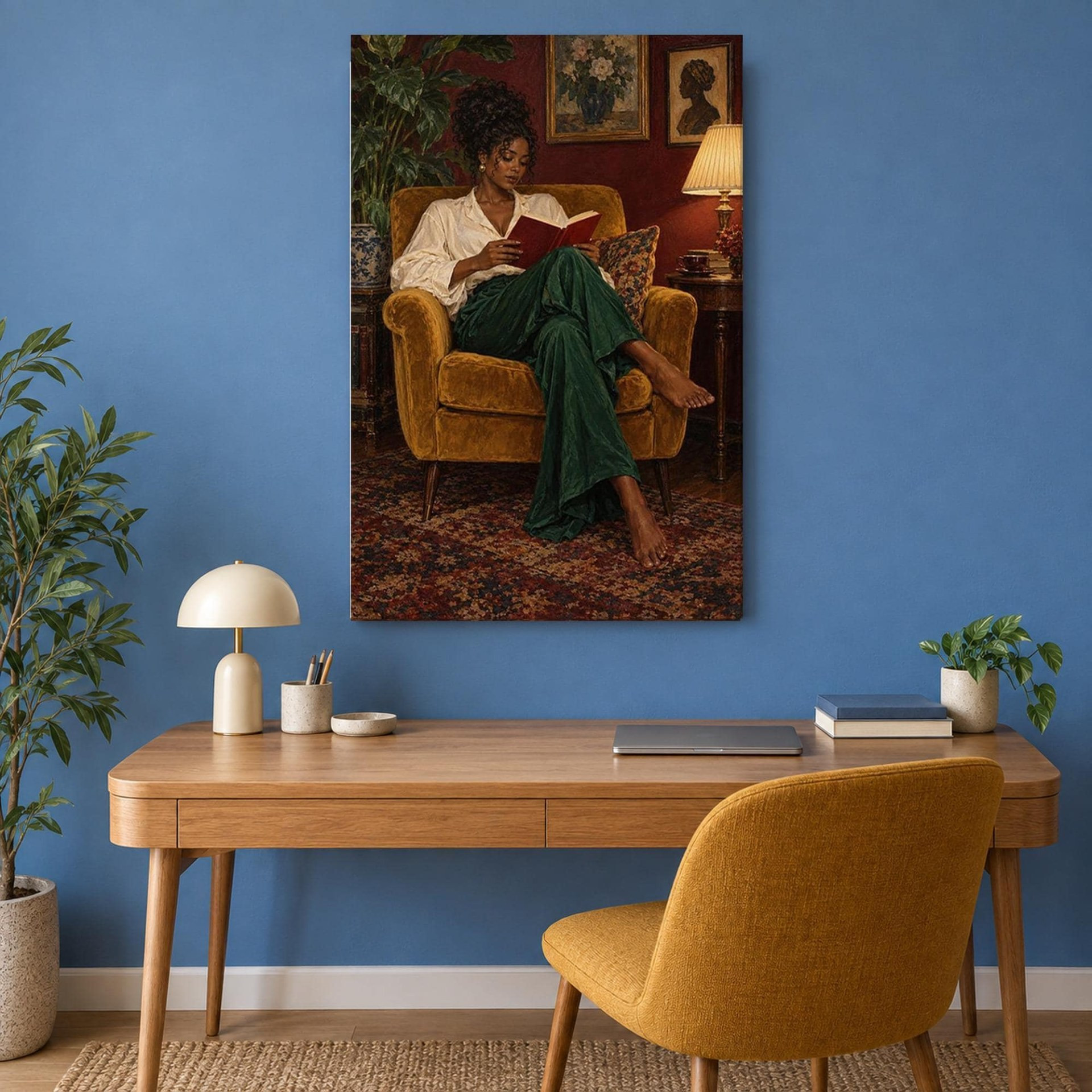 Woman Reading in Yellow Armchair Canvas Wall Art
