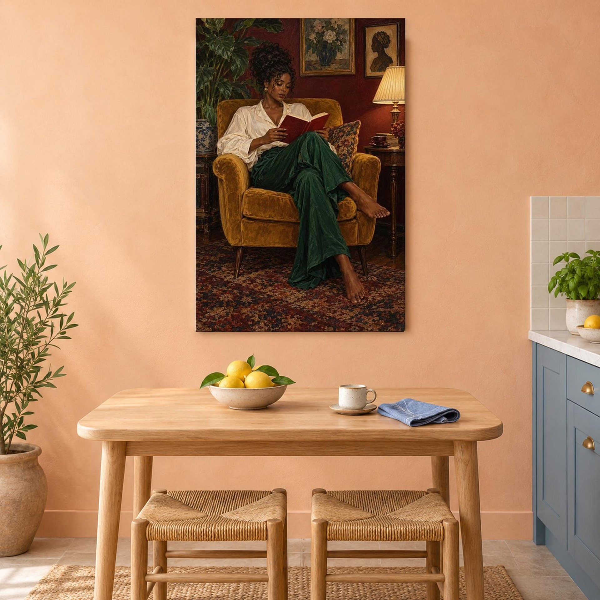 Woman Reading in Yellow Armchair Canvas Wall Art