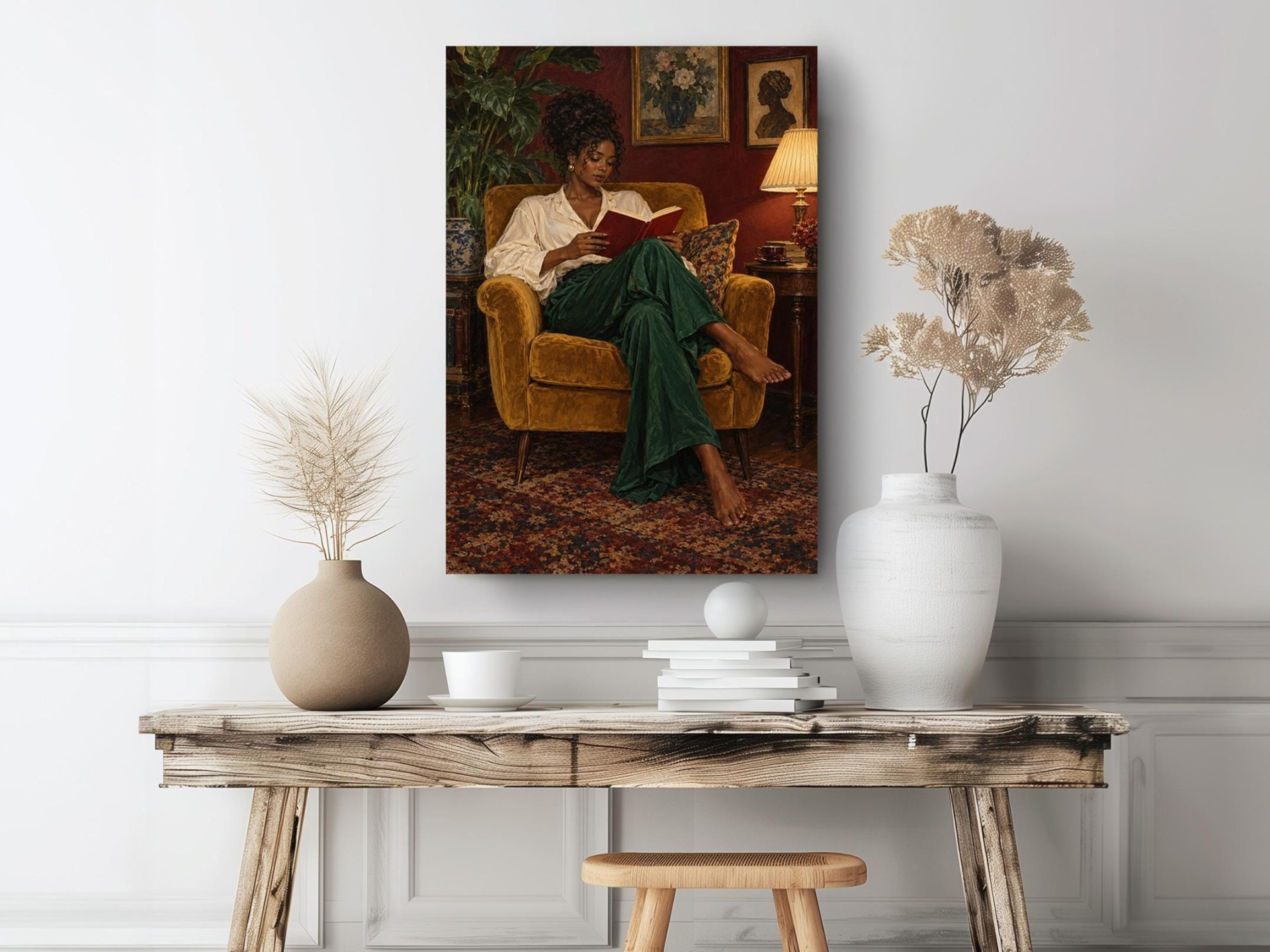 Woman Reading in Yellow Armchair Canvas Wall Art
