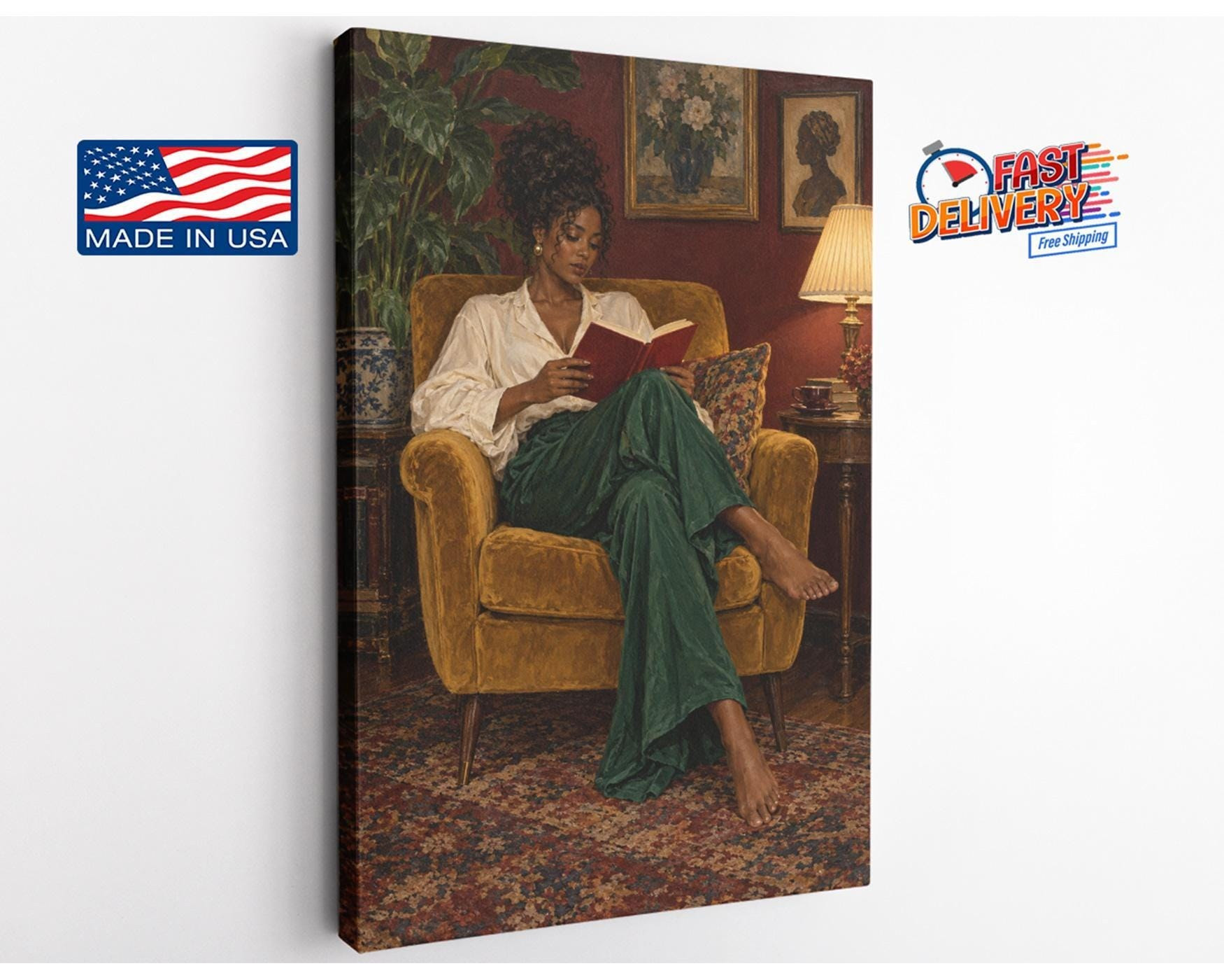 Woman Reading in Yellow Armchair Canvas Wall Art