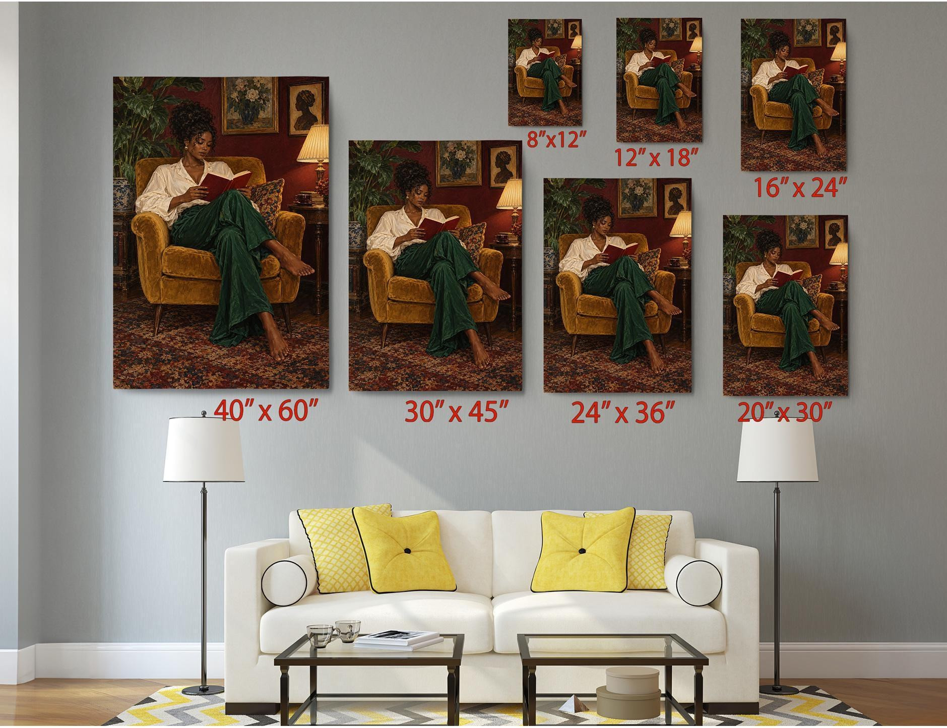 Woman Reading in Yellow Armchair Canvas Wall Art