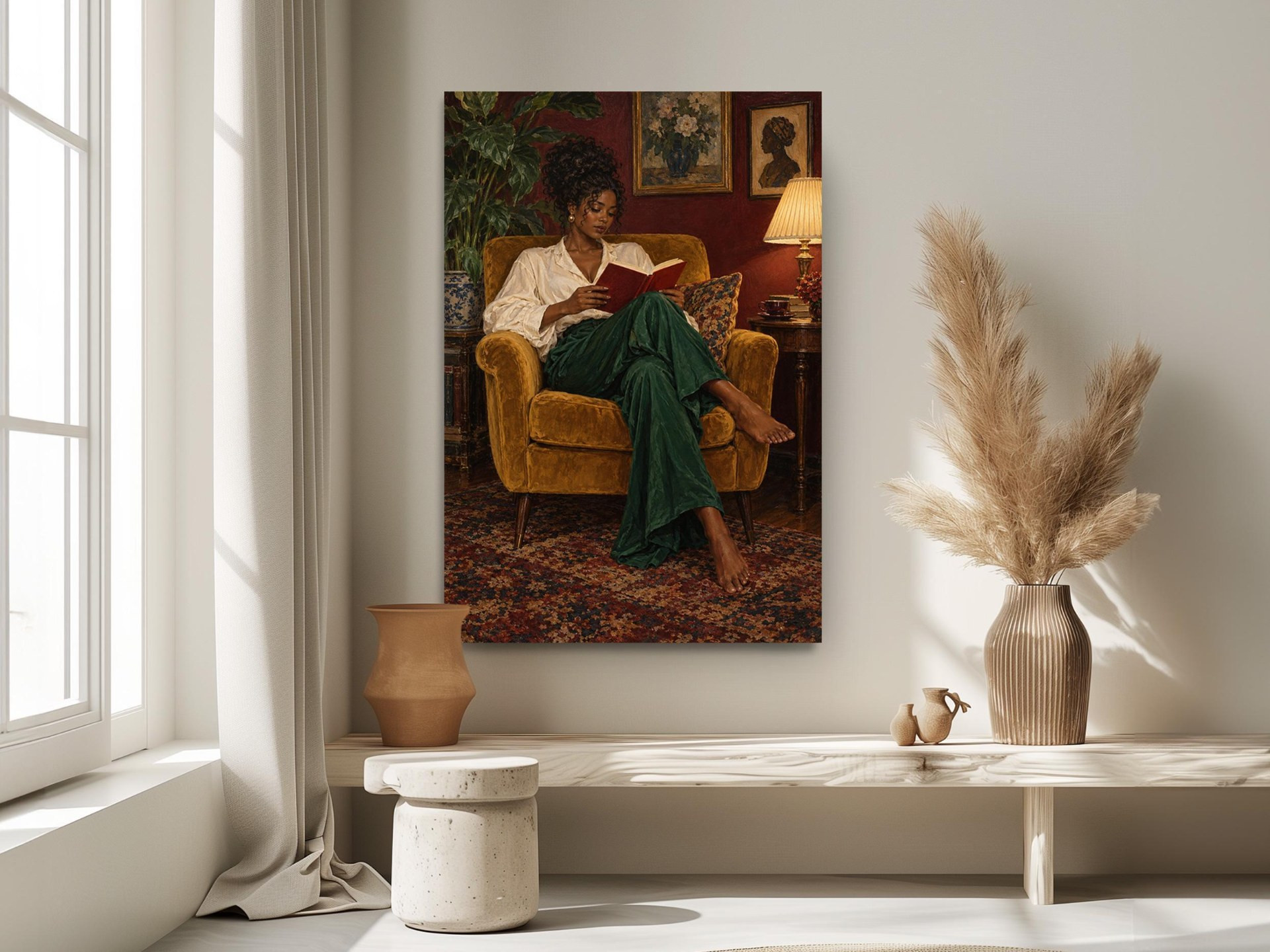 Woman Reading in Yellow Armchair Canvas Wall Art